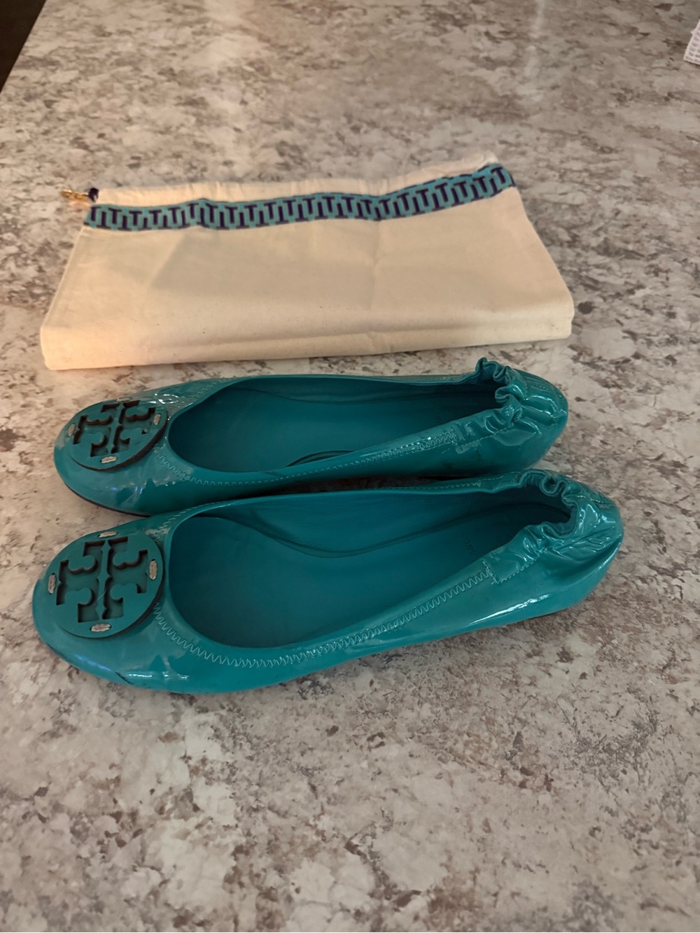 Tory Burch Teal Patent Leather Logo Ballet Flats